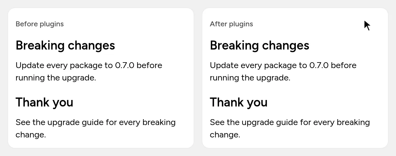 Two headings rendered twice. Before plugins, the headings are plain. After plugins, as the pointer moves onto the first heading a small hash button appears beside it; clicking it swaps the hash for a check mark for a moment, and the button fades again when the pointer leaves.